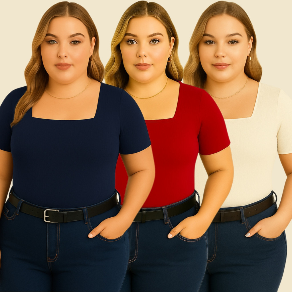 Kit Blusa Plus Size Decote Quadrado Manga Curta Básica Casual Forrada Com Forro Suplex