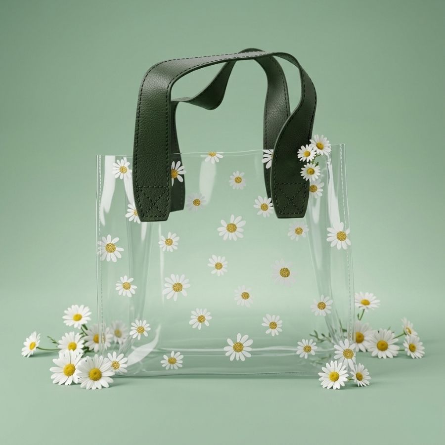 Sacola Transparente PVC com Alça de Couro Verde Musgo - Margarida - 18x20x10cm - 1 unidade - Rizzo