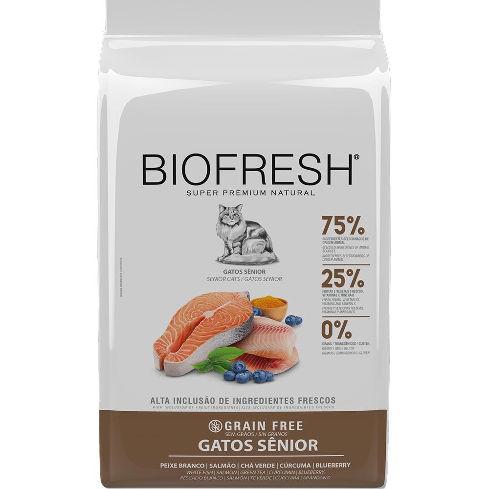 Ração Biofresh Gatos Sênior Peixe Branco, Salmão, Chá Verde, Cúrcuma, Blueberry