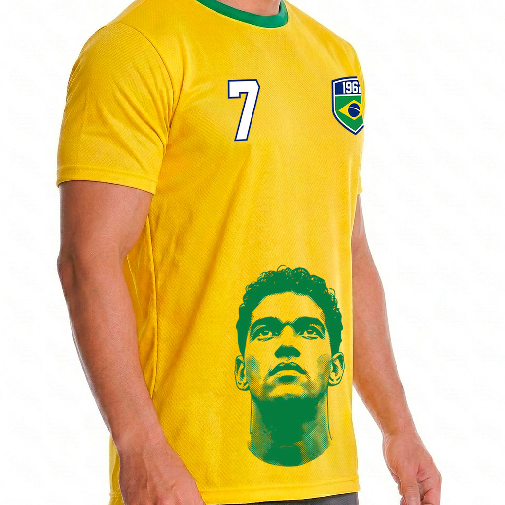 Camisa Dry Poliéster Proteção UV 50+ Retrô Masculina Garrincha Brasil Futebol Copa Do Mundo 1962