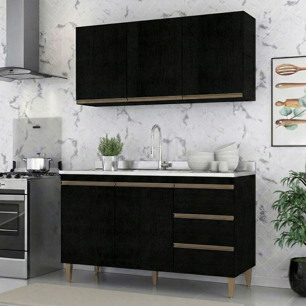 Armário De Cozinha Compacta Modulada 2 Peças Milão Menu Móveis Preto