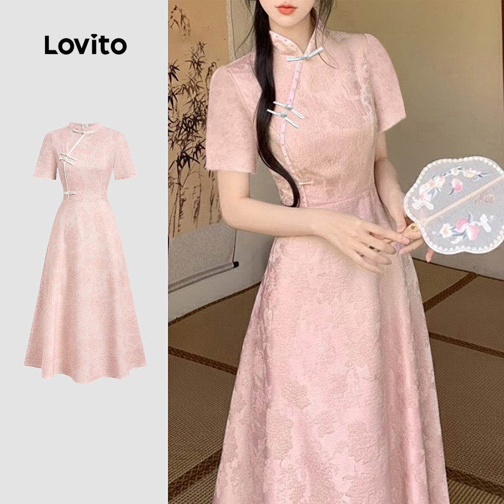 Lovito Vestido Elegante De Festa Com Zíper E Botões Rosa Para Mulheres Ideal Para a Primavera/verão LK2ED449