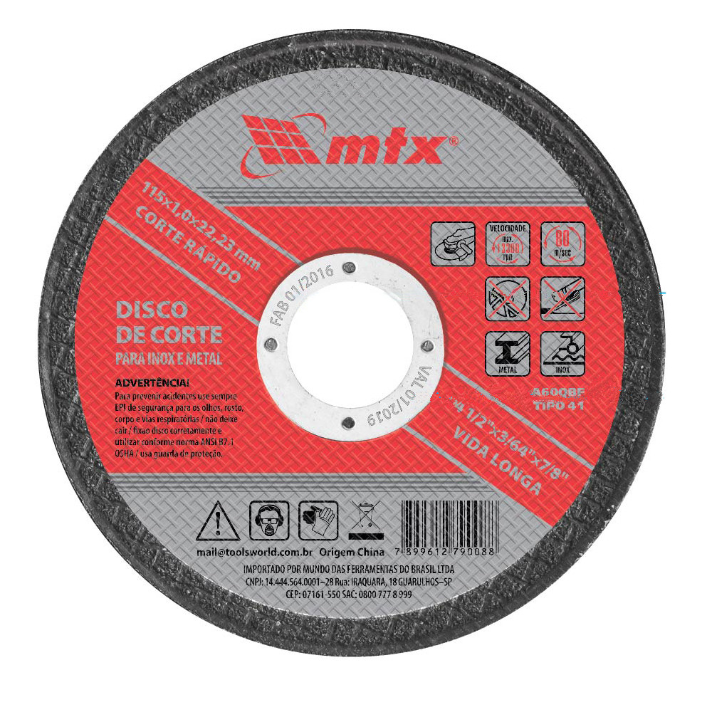 Disco De Corte Para Inox e Metal 115x1x22,23mm 1 Peça MTX