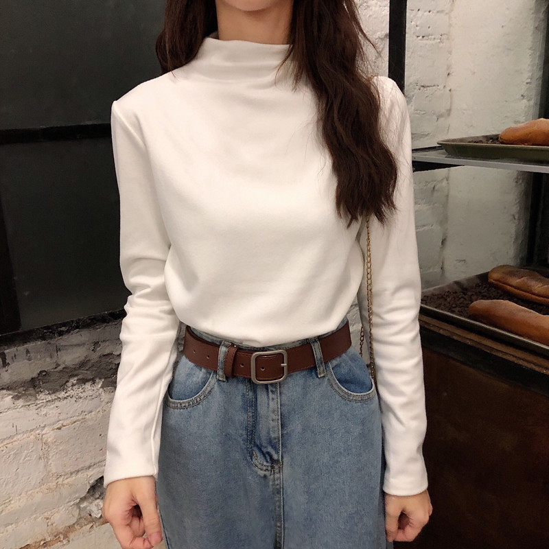 Preto meia gola alta camisa de fundo feminina outono inverno manga comprida camiseta interior topo fino-ajuste roupas de