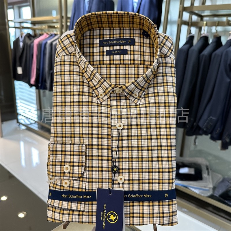 Yagoer HSM Camisa de manga comprida masculina de algodão elastano Slim Fit camisa xadrez amarela contador genuíno 16794U