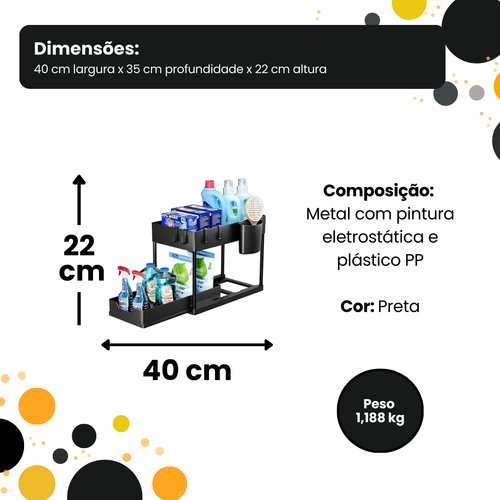 Organizador Multiuso 2 Níveis Bandeja Corrediça Preta Resistente Compacto Versátil Cozinha Banheiro Escritório