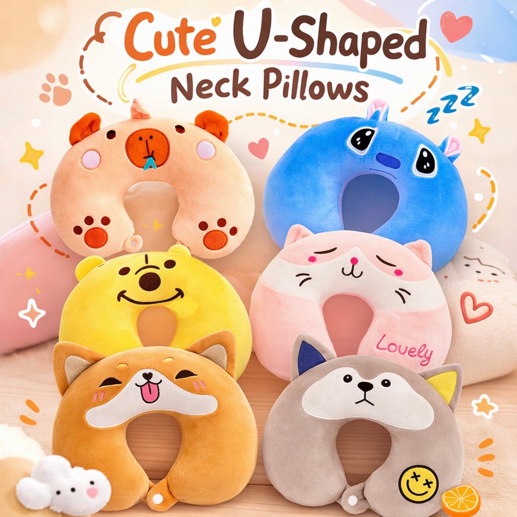Almofada de Pescoço em Pelúcia Animal Fofo — Conforto Macio para Viagens e Relaxamento
