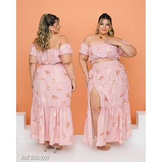 Conjunto Plus Size Cropped Lastex e Saia Longa Fenda Verão