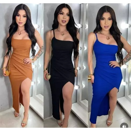 Vestido Midi Colado vestido Feminino Mula Manca Um Ombro Só Vestido com fenda vestido feminino D.J