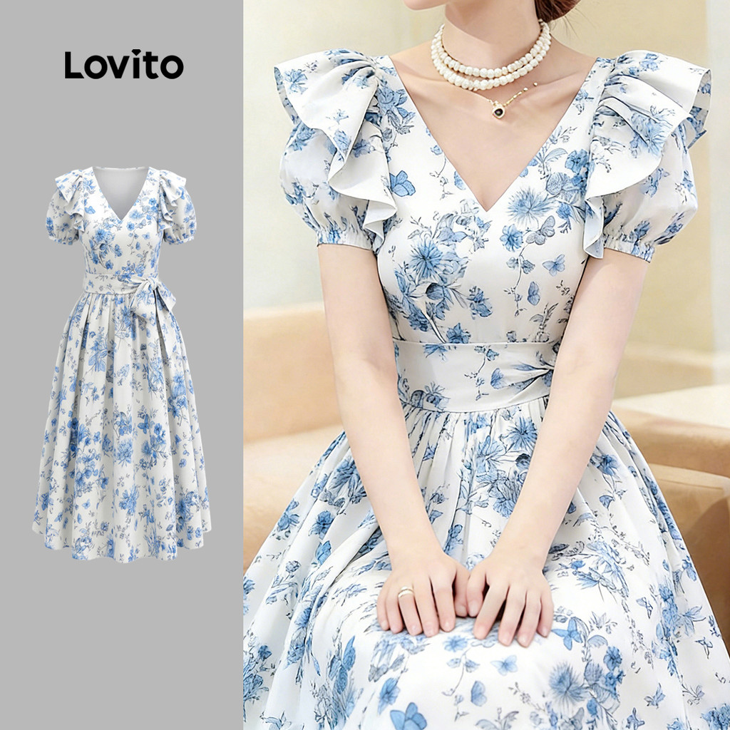 Lovito Vestido Casual com Babados Primavera/verão Azul Branco Vestido Azul e Branco para mulheres LK5LD127 em Oferta na Shopee
