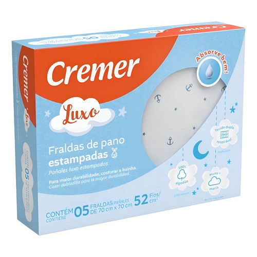 Pacote 5 Fraldas Luxo 100% Algodão Estampas Bebê Menino 70x70cm Masculina Super Macia- Cremer