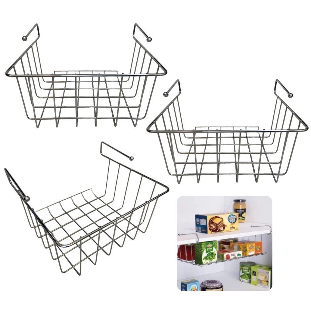 Kit 3 Cestos Organizadores Aço Cromado 24cm Cesto Aramado Multiuso Estante Suspensa