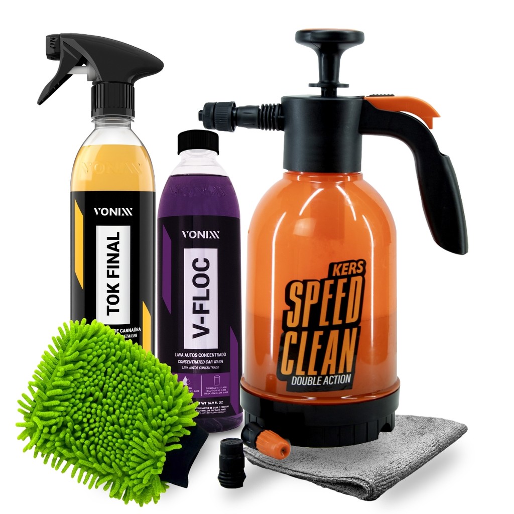 Kit Lavagem e Cera Vonixx V-Floc E Tok Final 500ml + Pulverizador Foam Speed Clean Kers + Luva E Toalha Em Microfibra