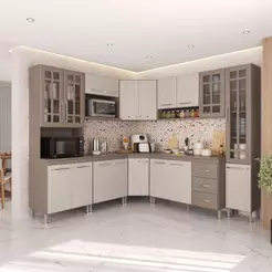 Cozinha Modulada Completa Fidelitá Paris 8 Peças 445cm 18 Portas 3 Gavetas Com Tampo Nogal/Salinas