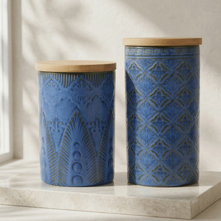 Jogo 2 Potes Cerâmica Azul Tampa Hermética Madeira Porta Mantimentos Decorativo 21cm e 17cm