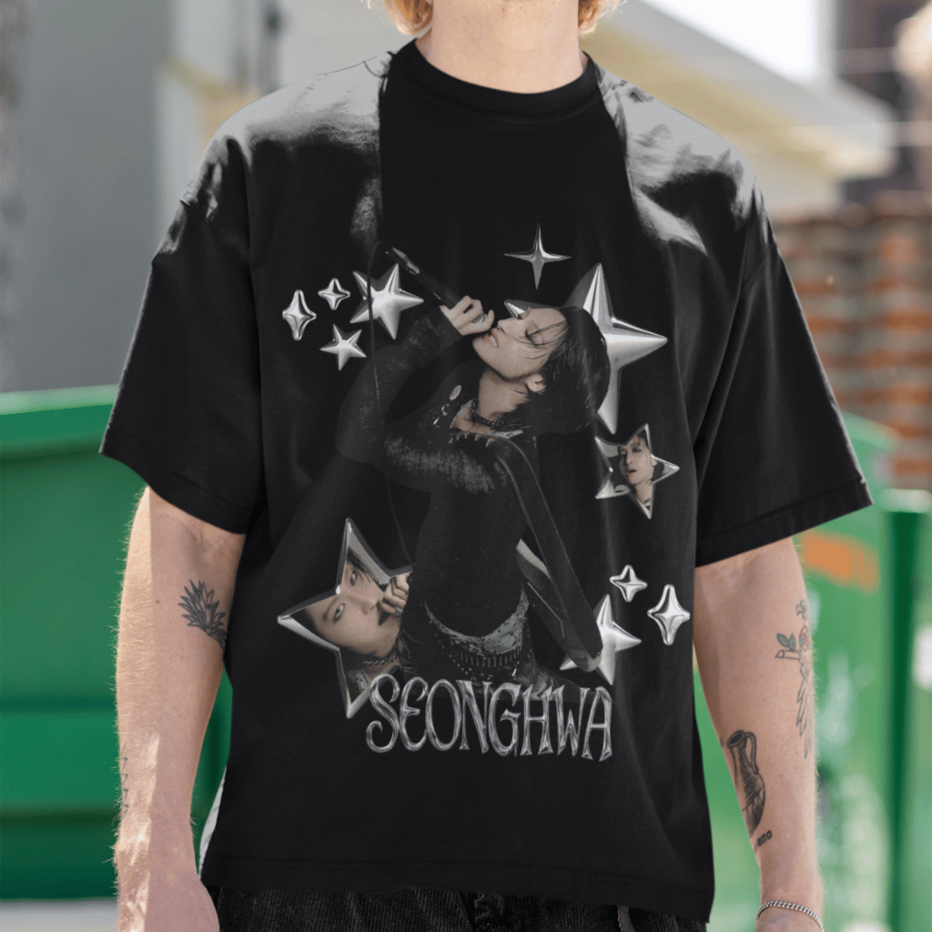 [Camiseta Vintage Masculina Algodão]HYP  Camiseta Oversized Seonghwa Ateez Idol Kpop 100% Algodão Blusa Moda Vintage