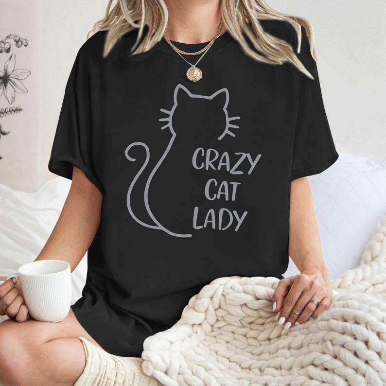 [Camiseta Premium Algodão Puro]LA Camiseta Feminina Adulto Curta Manga Gato Design Cinza Casual