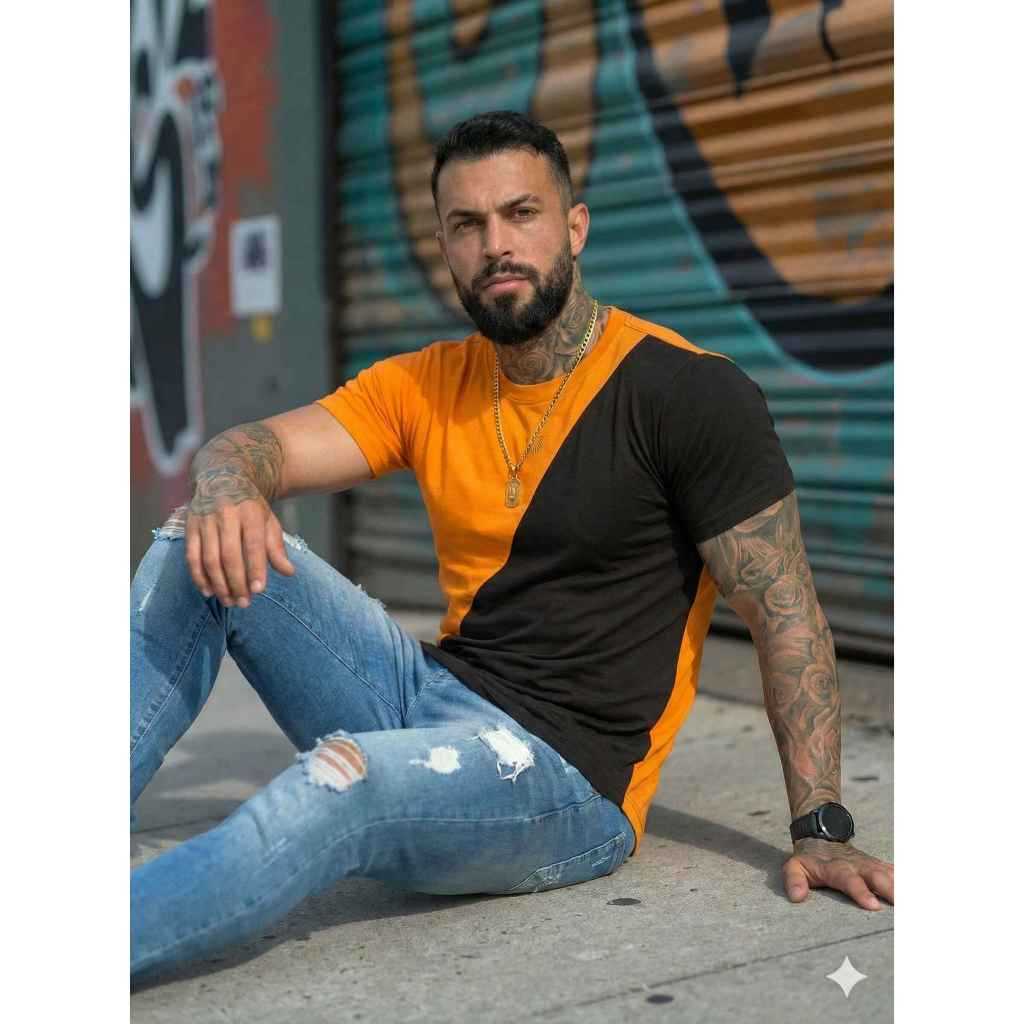 Camiseta Masculina Manga Curta Long Line Bicolor Diagonal Viscolycra Casual