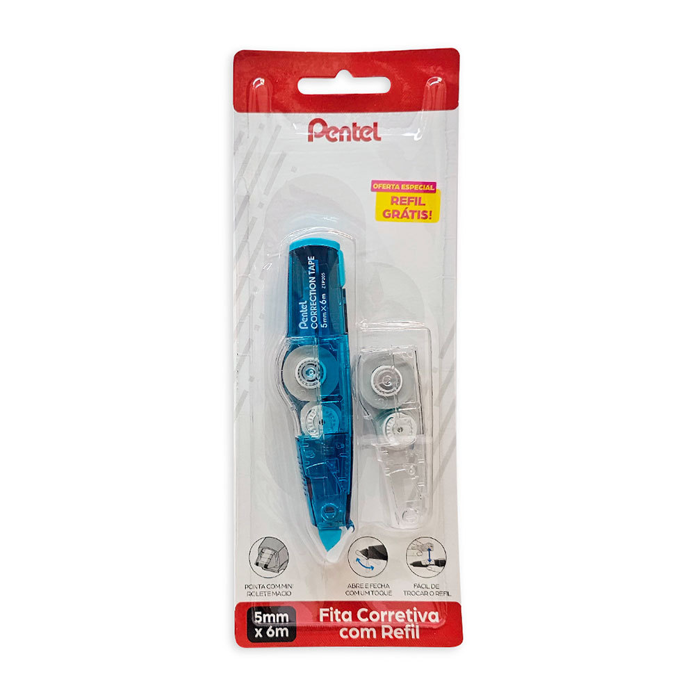 Corretivo em fita Correction Tape Azul + refil 5mm x 6m Pentel