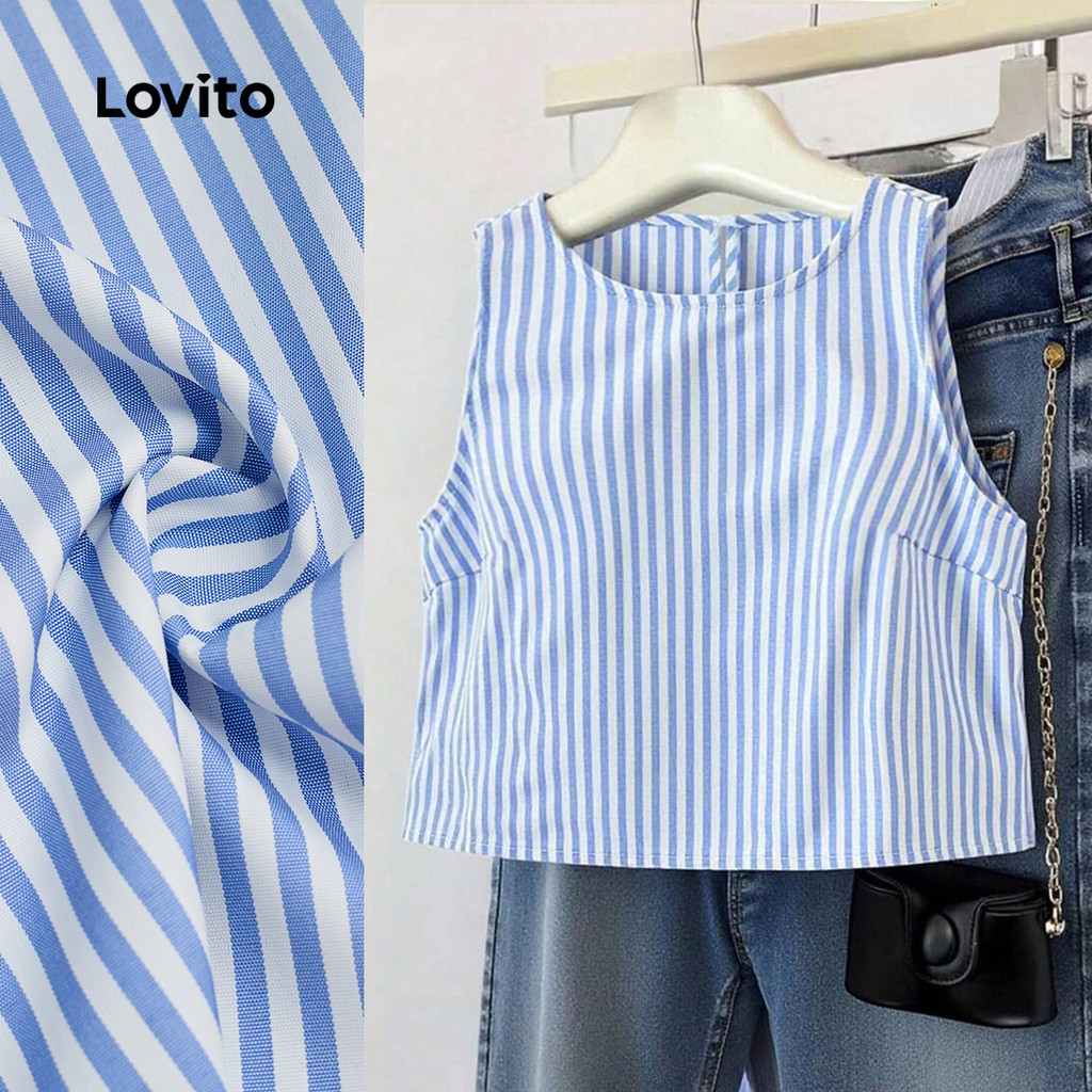 Lovito  Casual Top Button Primavera/verão Azul Branco Top para Mulheres L178LD2208 em Oferta na Shopee