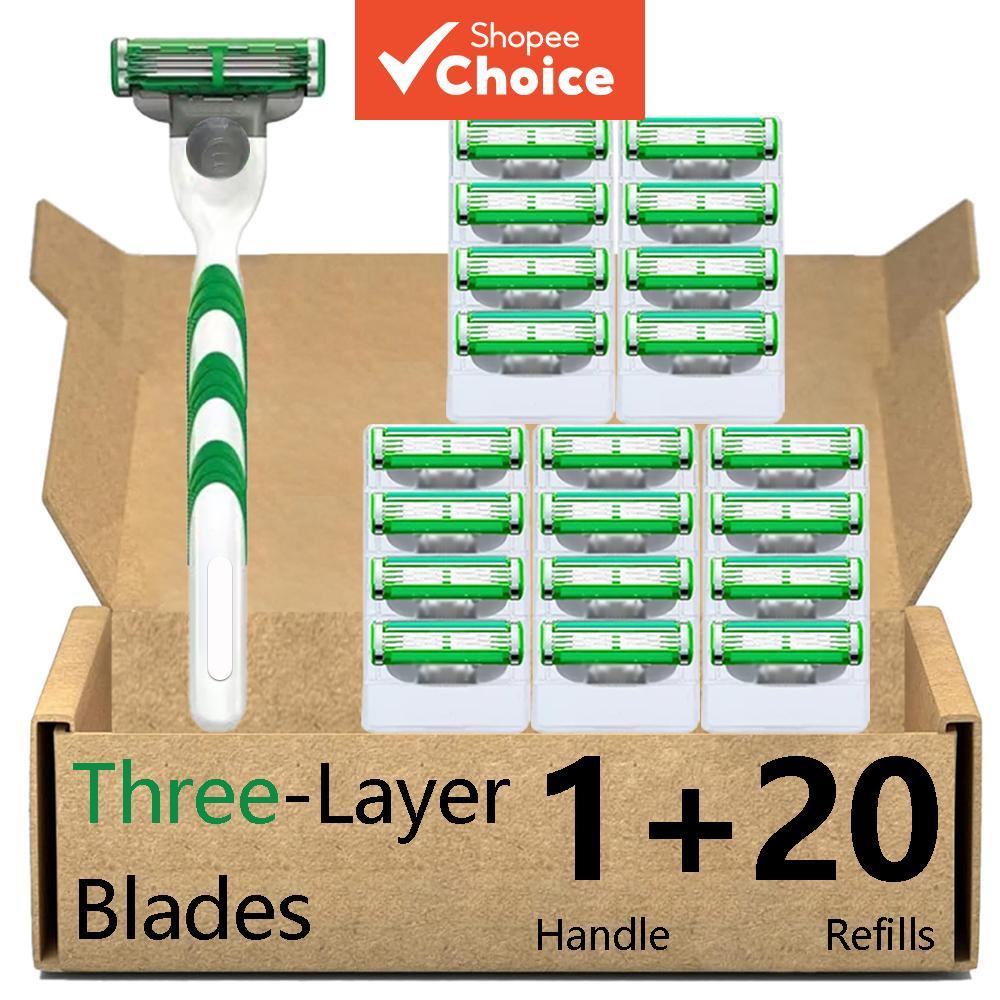 Conjunto De Barbeador De Segurança Manual De 3 Camadas Masculino-1 Alça E 20 Lâminas , Punho Antiderrapante , Ferramenta