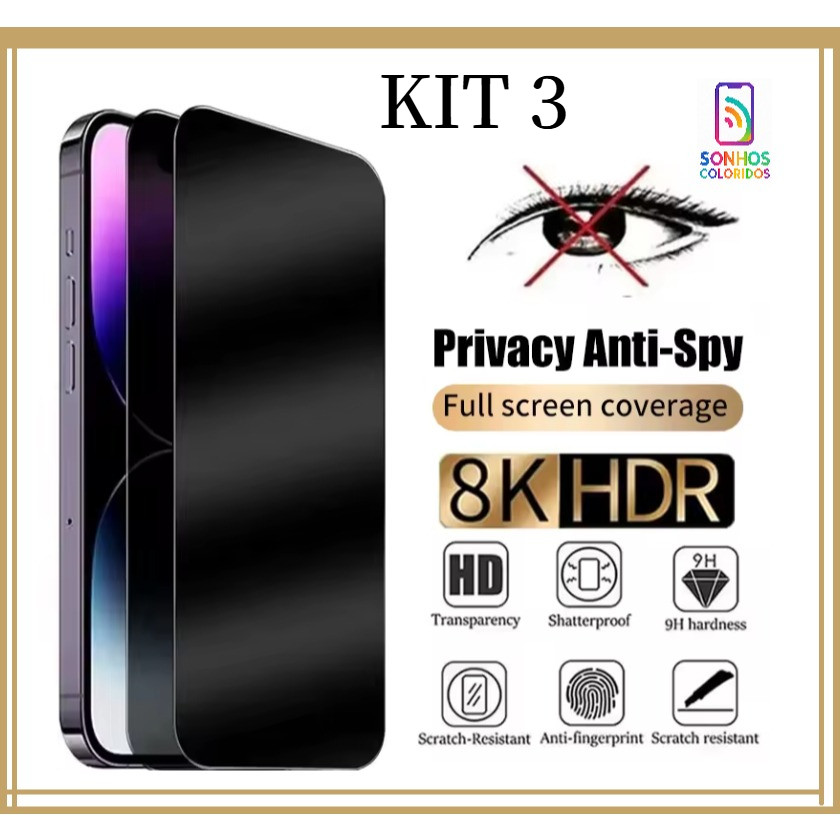 KIT 3 Película de Privacidade de Vidro 3D Anti-Espião para Iphone Todos Modelos  11 12 13 14 15 16 17 17Pro 17Pro Max em Oferta na Shopee
