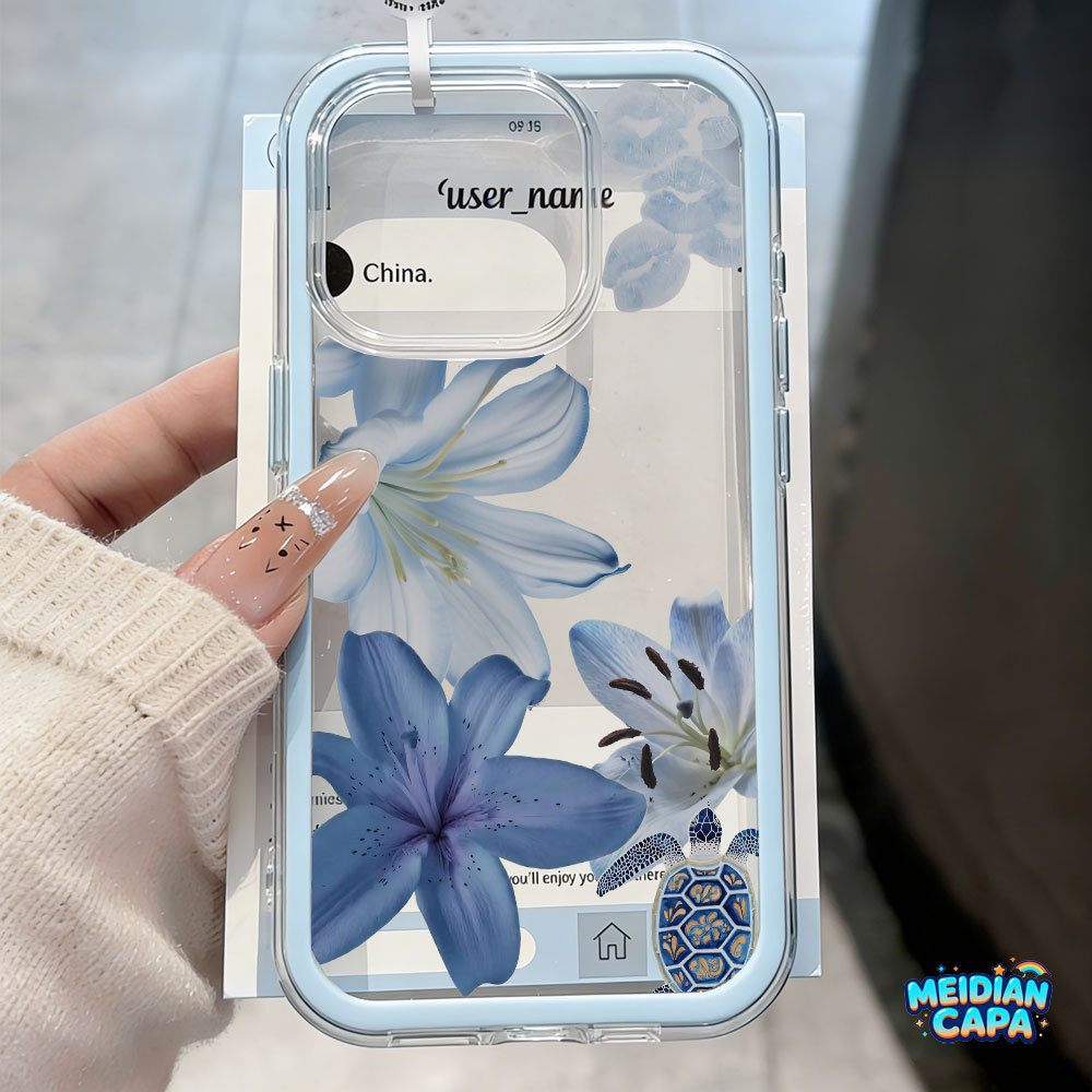 Capa 2 em 1 com moldura colorida para iPhone 17 Pro Max 13 11 12 16 15 14 Plus Capinha Transparente de Flores Azuis