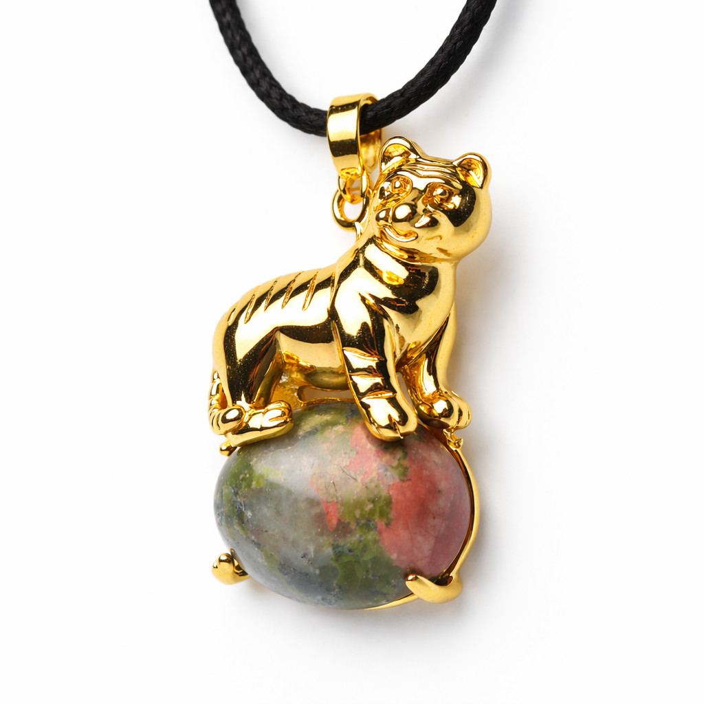 Colar Leoa Cabochao Oval Pedra Unakita Natural Banho Dourado