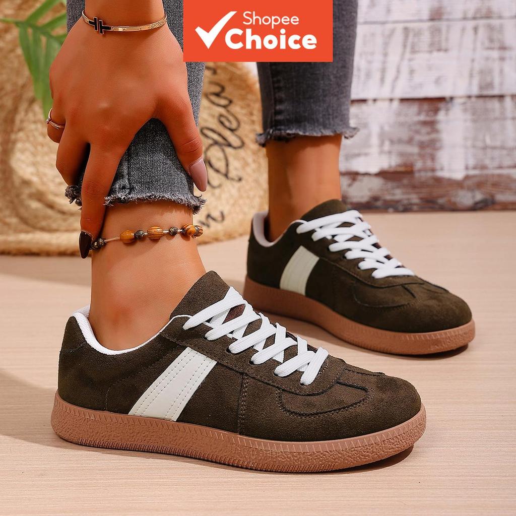 Tênis Feminino Marrom Camurça Estilo 'Dad', Listras Brancas, Primavera, Confortável para Caminhada — R$ 70,14 em Shopee, 26% OFF
