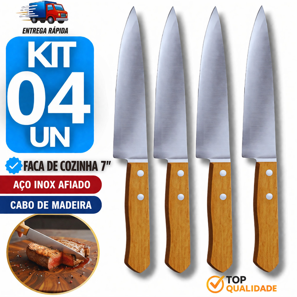 Combo 4 Facas de Cozinha 30.3cm - 7" Polegadas Inox com Cabo de Madeira – Facas Afiadas para Corte