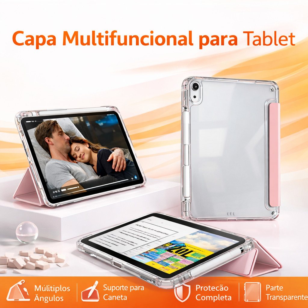Capa Transparente para iPad 11 A16 (11") e iPad 10 (10.9") com Suporte para Caneta e Sono Automático