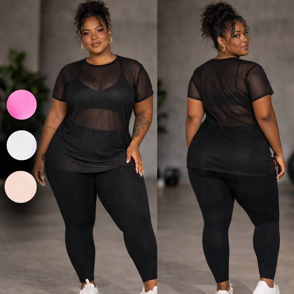 Kit 2 Blusa Feminina de Tule Plus Size Academia Transparente Confortavel Dia a Dia Blusao Feminino