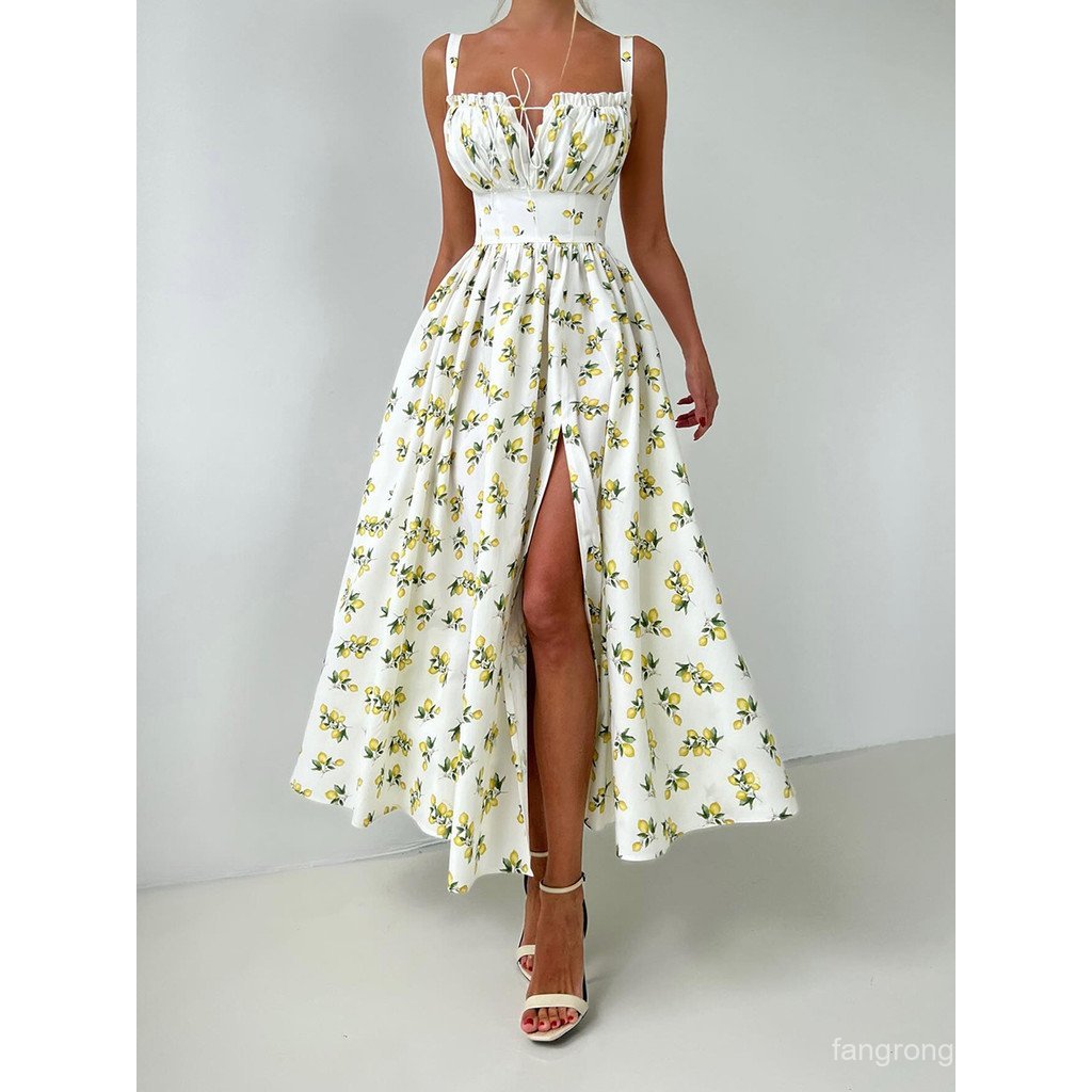 Saia suspensa Floral transfronteiriça Europa América 2025 Verão Novo estilo gola baixa com cadarço e fenda de cintura al