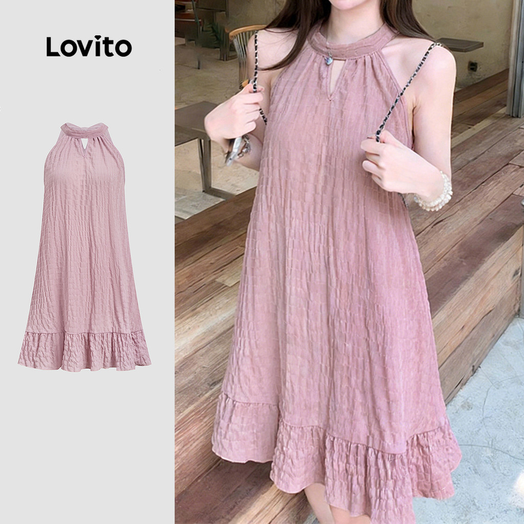 Lovito Casual Vestido Roxo Feminino Primavera/verão com Estrutura Babado Na Barra e Amarração Nas Costas L178ED1244