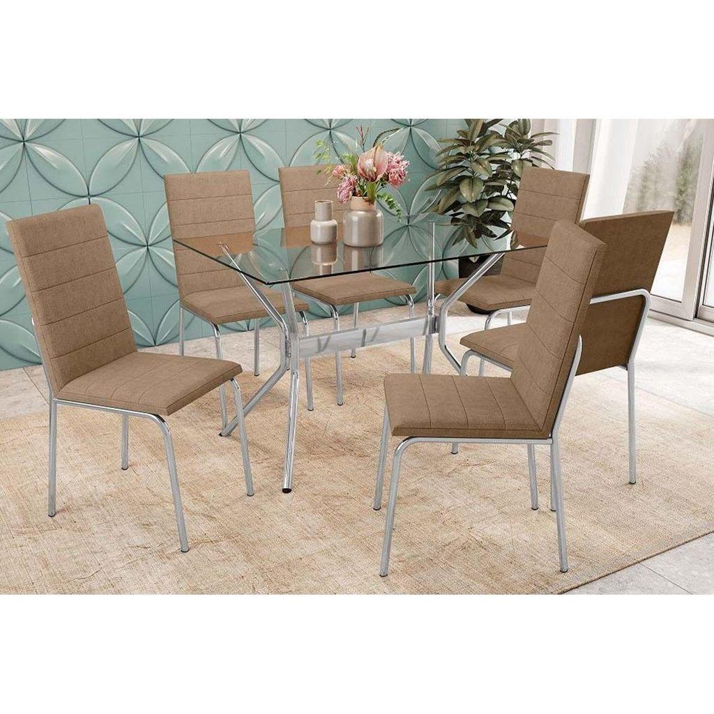 Sala de Jantar Completa Loire c/ Tampo de Vidro 120x80cm e 6 Cadeiras Amsterdã Cromada - Courano Capuccino - Kappesberg