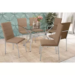Sala de Jantar Completa Loire c/ Tampo de Vidro 120x80cm e 6 Cadeiras Amsterdã Cromada - Courano Capuccino - Kappesberg