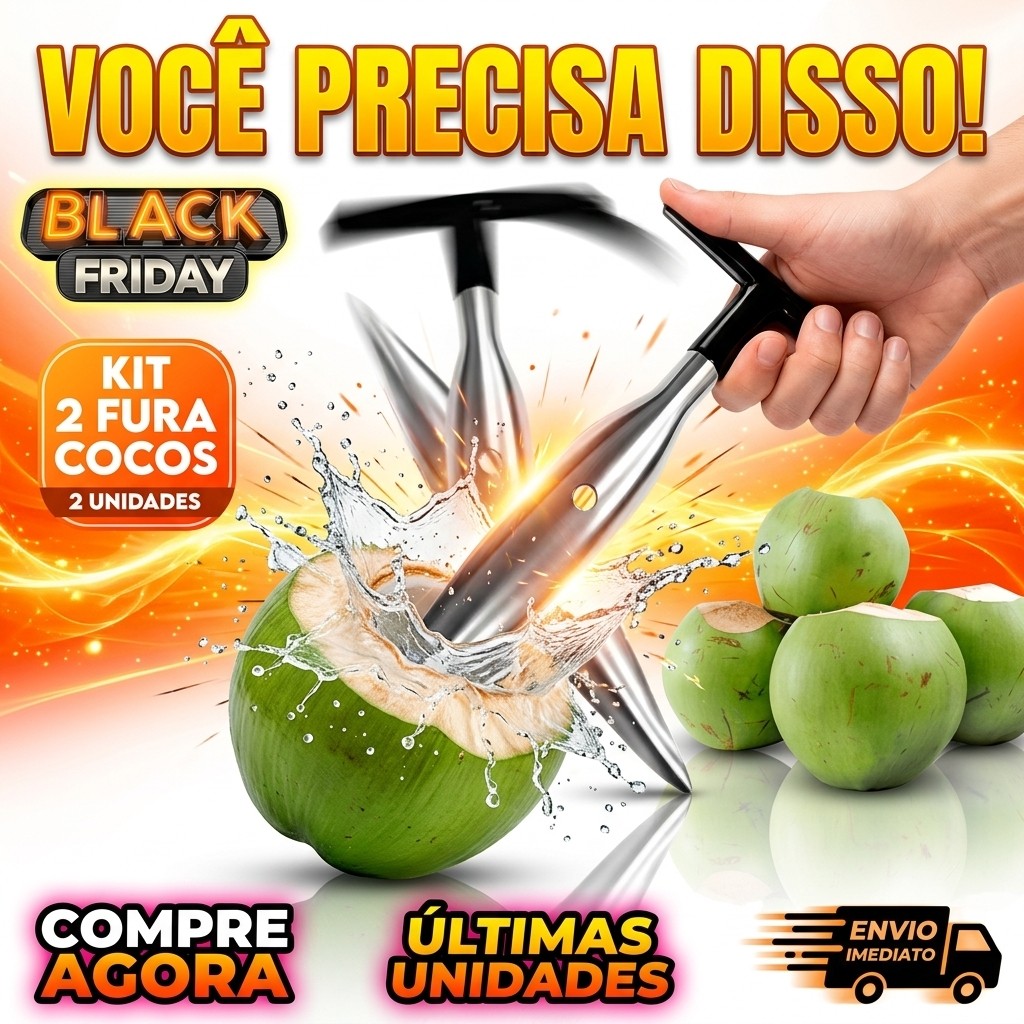 Kit 2 Fura Coco Abridor Manual em Inox Profissional - Rápido e Prático com Cabo Emborrachado