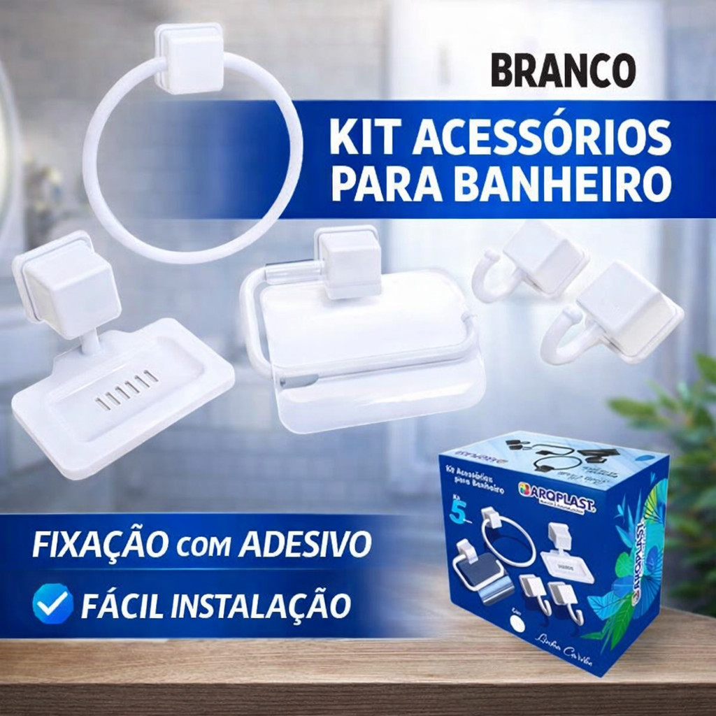 Kit De Acessório Banheiro Porta Sabonete Porta Toalha Utensilio Decoração Casa 5 pçs Branco