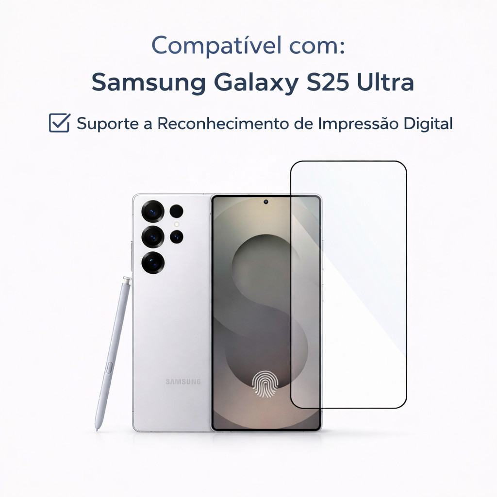 Película de Vidro Temperado Ultrashield Samsung S25 Ultra · HD · 9H · Tela Completa · Suporte a Impressão Digital