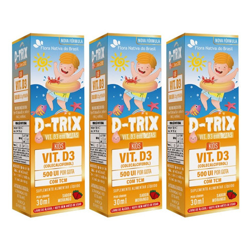 Kit 3 Vitamina D3 D-trix Kids Gotas 30ml Flora Nativa Sabor Morango