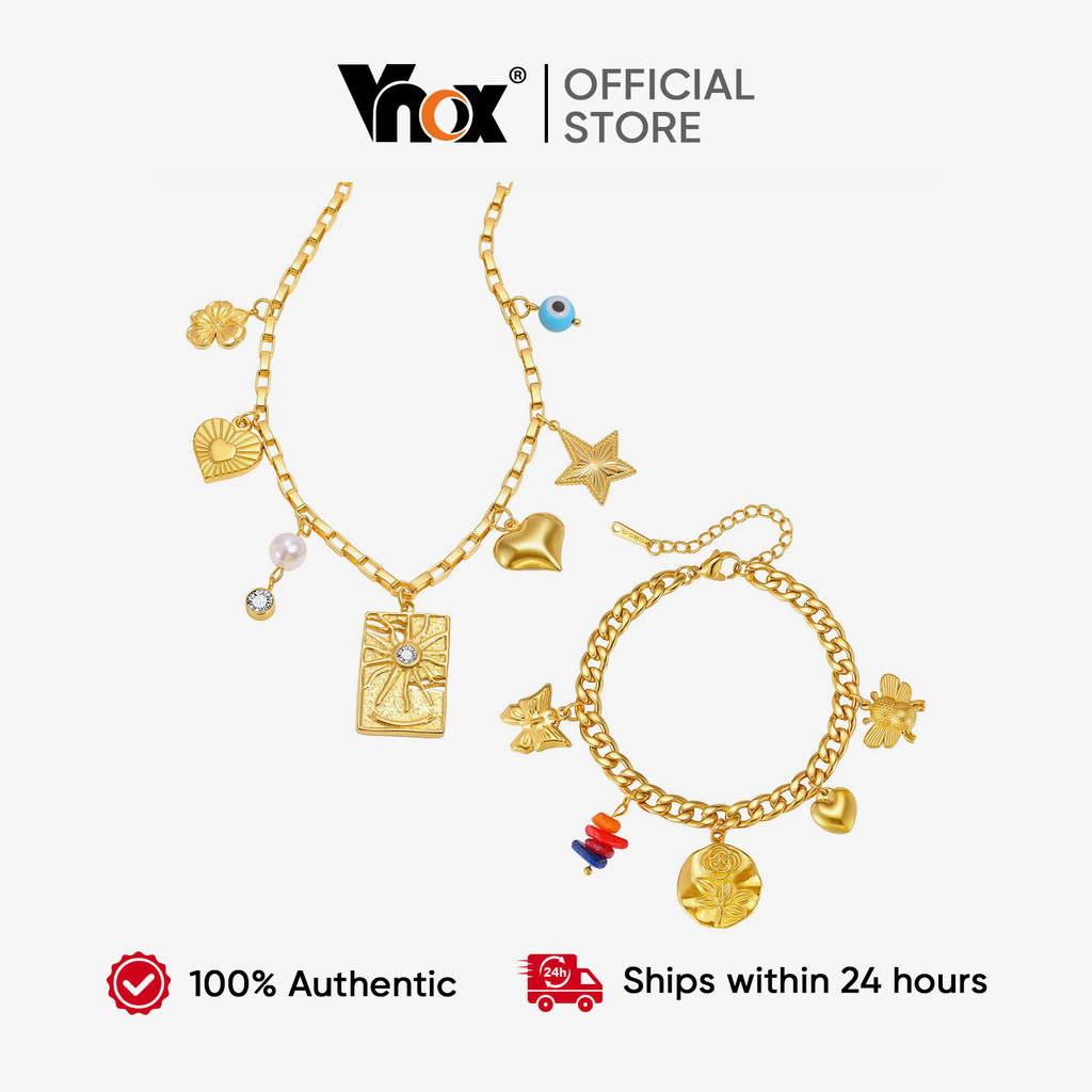 Vnox Aço Inoxidável Banhado A Ouro Coração Flor Sol Estrela Artesanal Corrente Pulseira Colar Jóias De Luxo Presentes em Oferta na Shopee