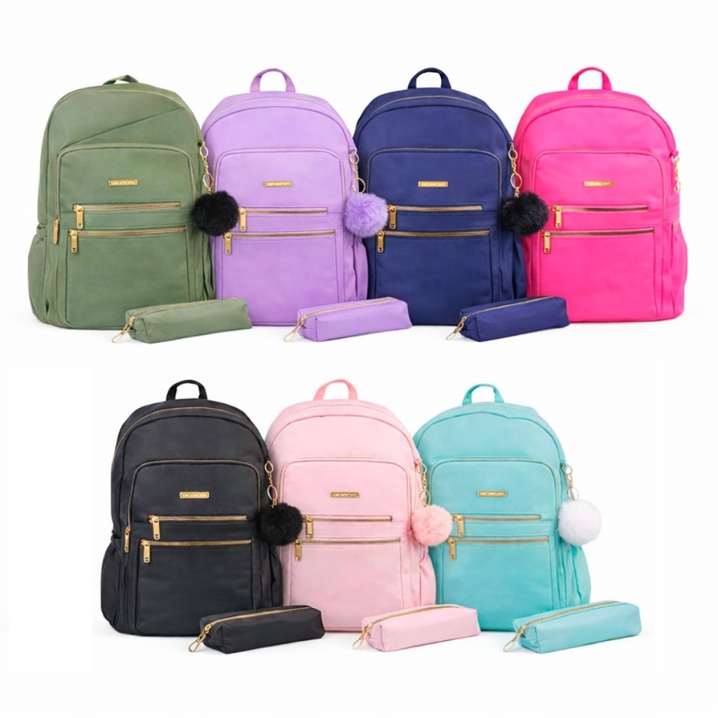 Mochila Escolar Feminina Para Livros Cadernos com Estojo com Estojo e Vários Compartimentos Zíper Reforçado