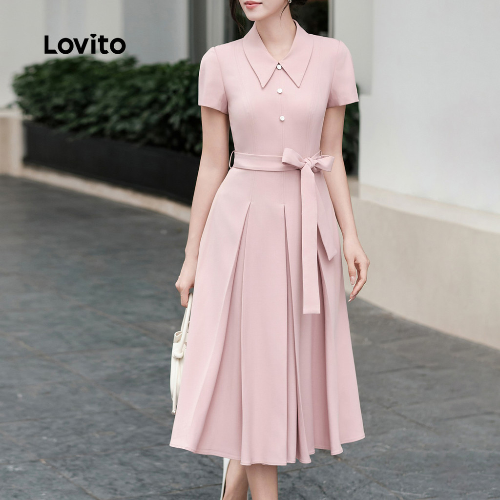 Lovito  Vestido Elegante com Renda Botão Pregas Primavera/verão Rosa para Mulheres L172ED763 em Oferta na Shopee