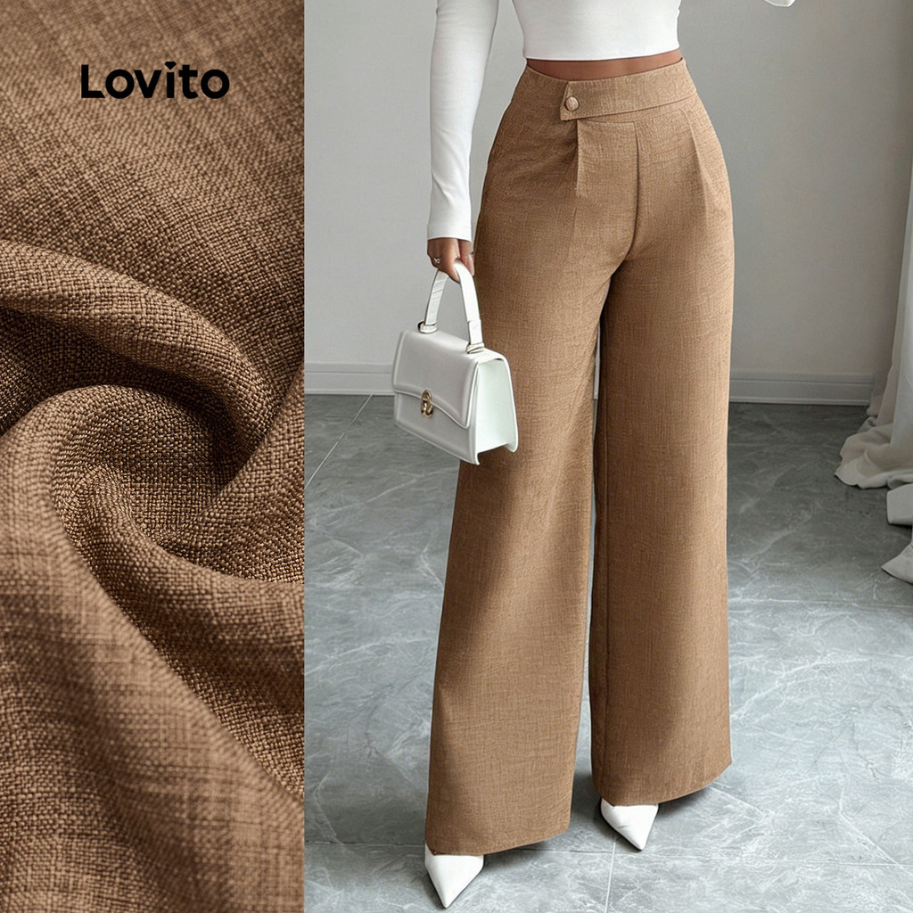 Lovito  Calça Elegante com Zíper Plissada Botão Primavera/verão Calça Cáqui para Mulheres L172LD1192 em Oferta na Shopee