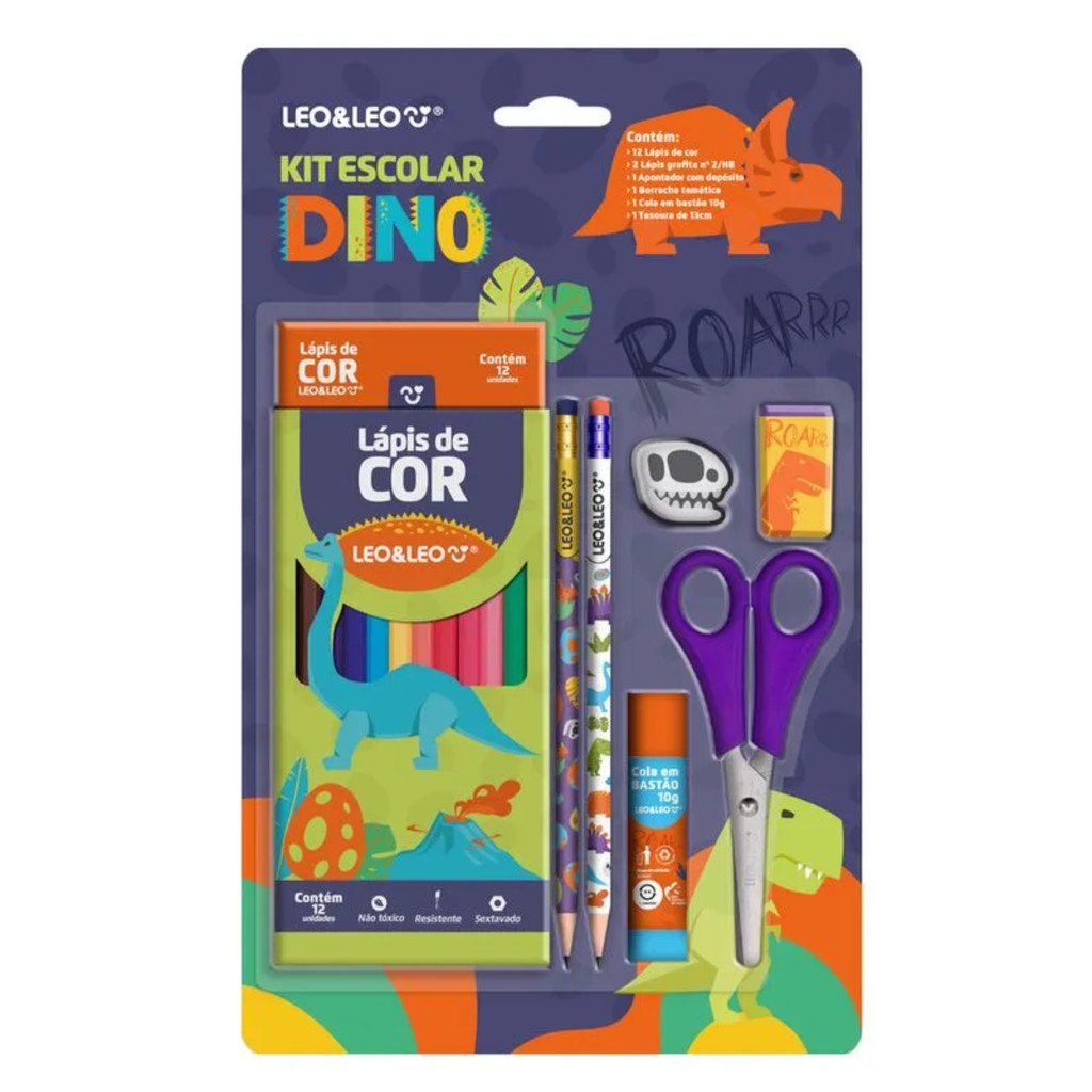 Kit Escolar Leo&Leo 18 Peças Infantil Dino, Fundo do Mar, Game, Lápis de Cor Tesoura Cola Borracha Apontador