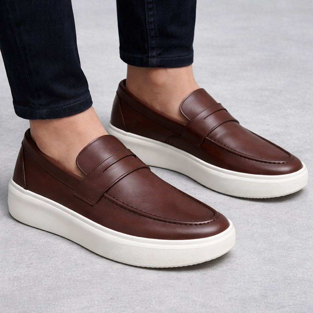 Sapato Social Loafer Masculino Mocassim Marrom Sola Branca