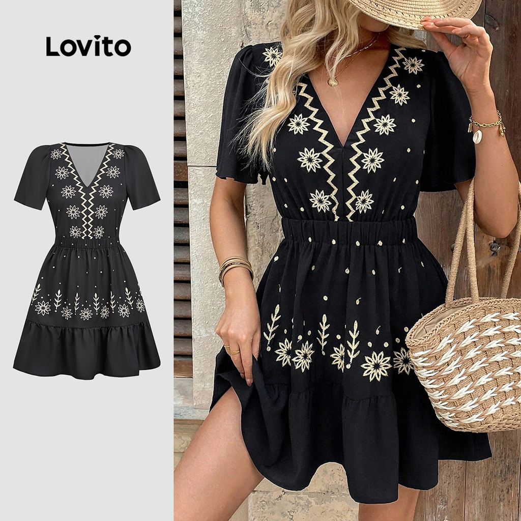 Lovito Vestido Boho Babado Na Bainha Primavera/verão Vestido Preto para Mulheres LK2LD349 em Oferta na Shopee