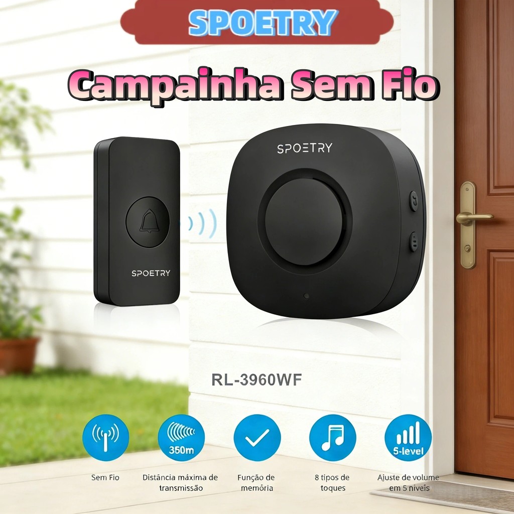 Campainha Sem Fio Bivolt A Prova D'água Longo Alcance 350m Residencial Comercial