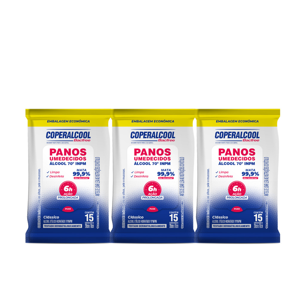 Kit 03 Pacotes de Lenços Umedecidos Clássico com Álcool 15 Lenços cada Coperalcool