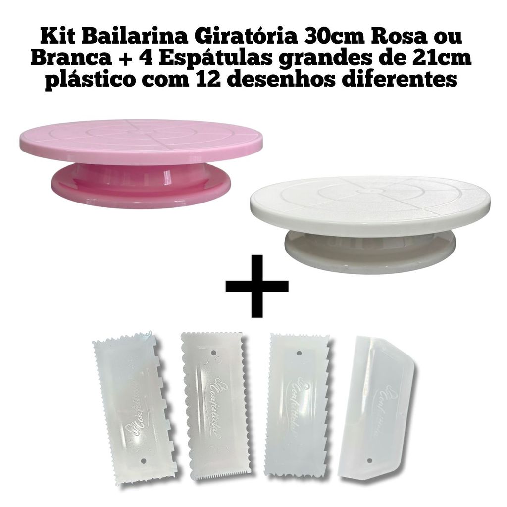 Kit Bailarina Giratória 30cm e 4 Espátulas Grandes com 12 Desenhos Para Confeitaria Bolos e Doces